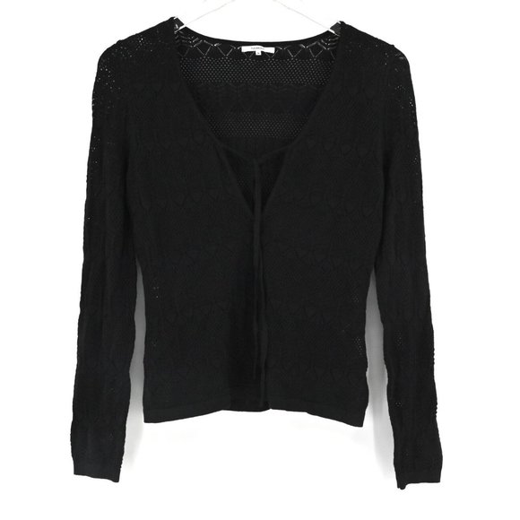 TULAROSA Womens Open Knit Sweater Black Keyhole Tie V Neck Long Sleeve Sz Medium - Picture 1 of 8